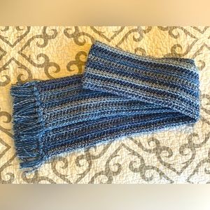 Scarf: denim blue, dark & light blue.  72 inches long incl fringe, 6 inches wide
